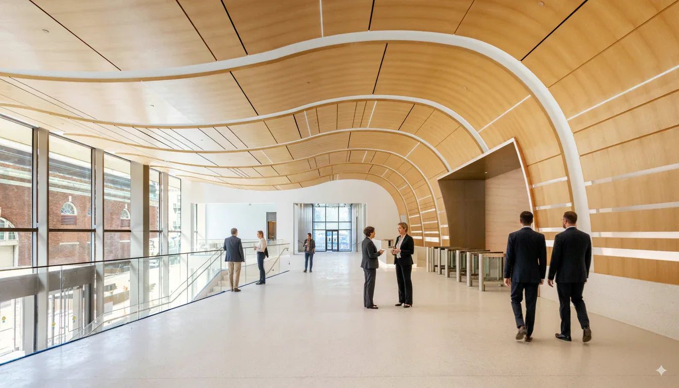 Modern curved hallway with wood panels